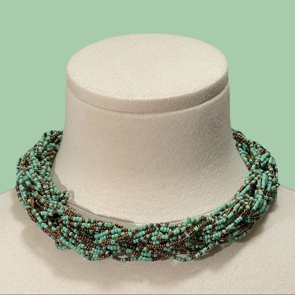 Multi Strand Turquoise Copper Braided Chain Beaded Choker Necklace - Picture 1 of 4